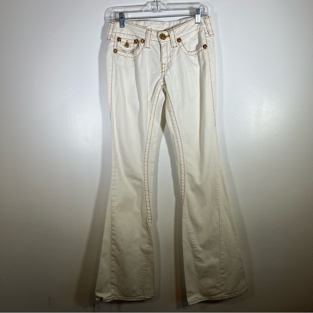 True Religion Joey Big T Y2K Gold Embroidered Flare White Denim Jeans Size 26 - Picture 4 of 14